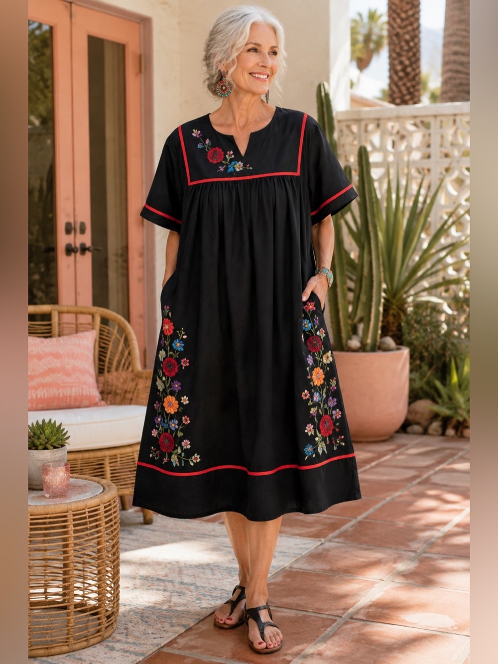Go Softly Patio XL Kaftan Muumuu Black Floral Embroidered Lounge Dress Granny - Picture 1 of 5